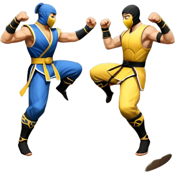 An icon showing two fighters in combat poses, inspired by Mortal Kombat. One character delivers a powerful kick, while the other blocks. The background features an iconic arena from the game with life bars at the top, symbolizing intense battles. Transparent background. emoji