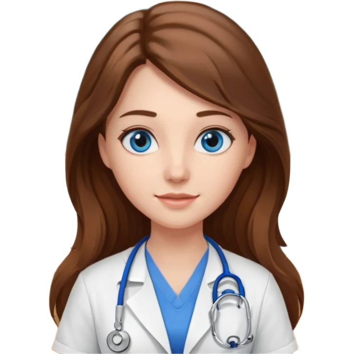 inside a classroom at university, a pretty female nursing student with long brown hair, blue eyes emoji