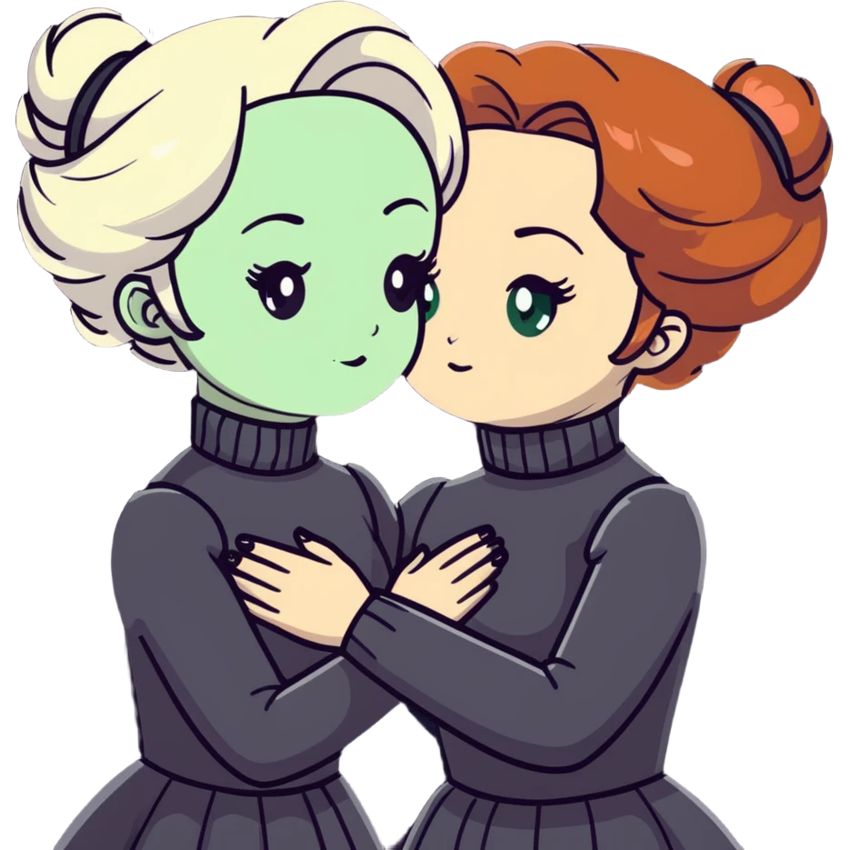 Two Victorian women with light green eyes embracing sadly. One has bright white coiffed hair, the other has dark copper coiffed hair. Both wearing Victorian turtleneck dresses, hugging tightly emoji