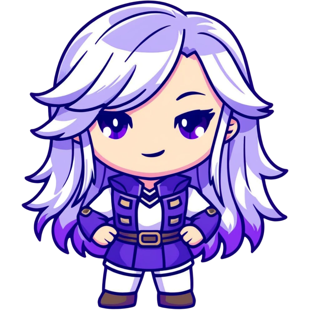 Chibi Sable Ward from Dead by Daylight with long white hair with purple streaks and fully purple eyes, detailed and expressive, cute exaggerated style with large expressive eyes and clear emotion emoji
