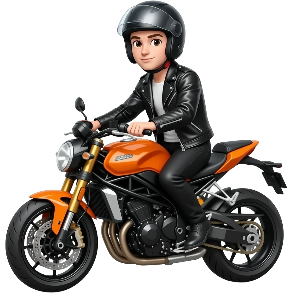 young man with black pants and a black orange leather jacket wearing a black motorcycle helmet is sitting on a orange motrocycle emoji