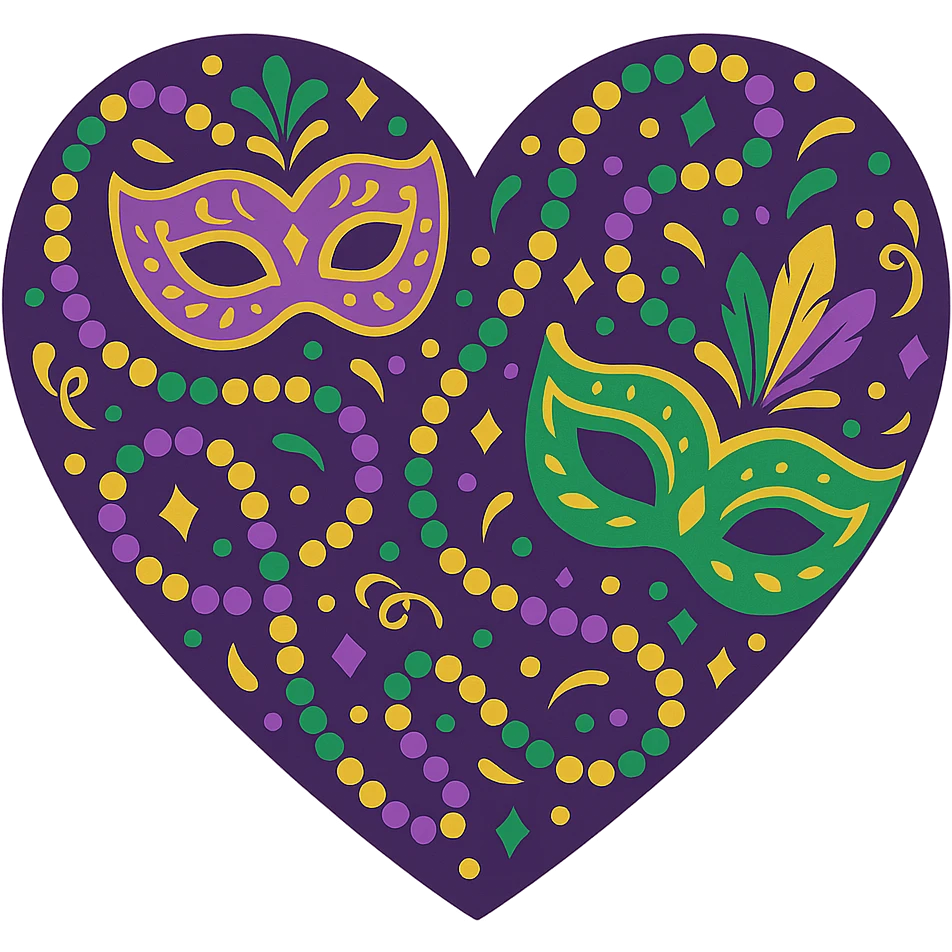heart with Mardi Gras theme, vibrant colors, beads, masks, festive and celebratory emoji