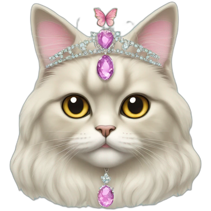 Persian cat wearing a tiara and necklace with a butterfly shaped pendant emoji