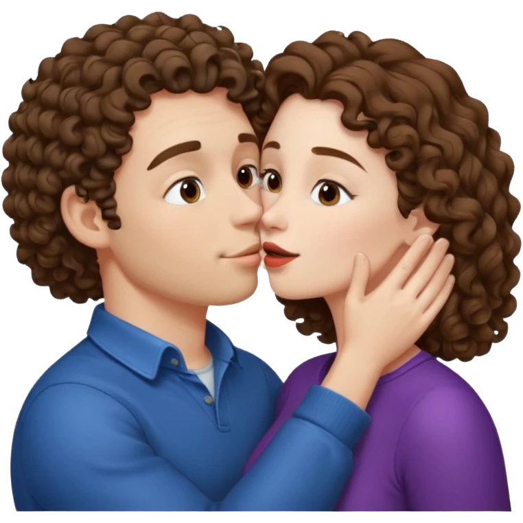 A couple kissing, the man would be white-skinned, short-curly, brown-haired. The serious woman with white skin, long hair and brown color emoji