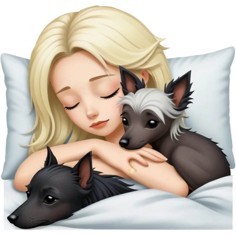 blonde girl sleeping with black chinese crested dog emoji