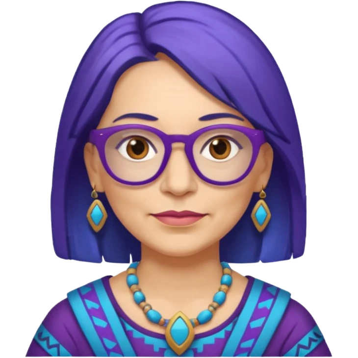 50-year-old woman with purple glasses, brown eyes, and Aztec blue shoulder-length hair emoji