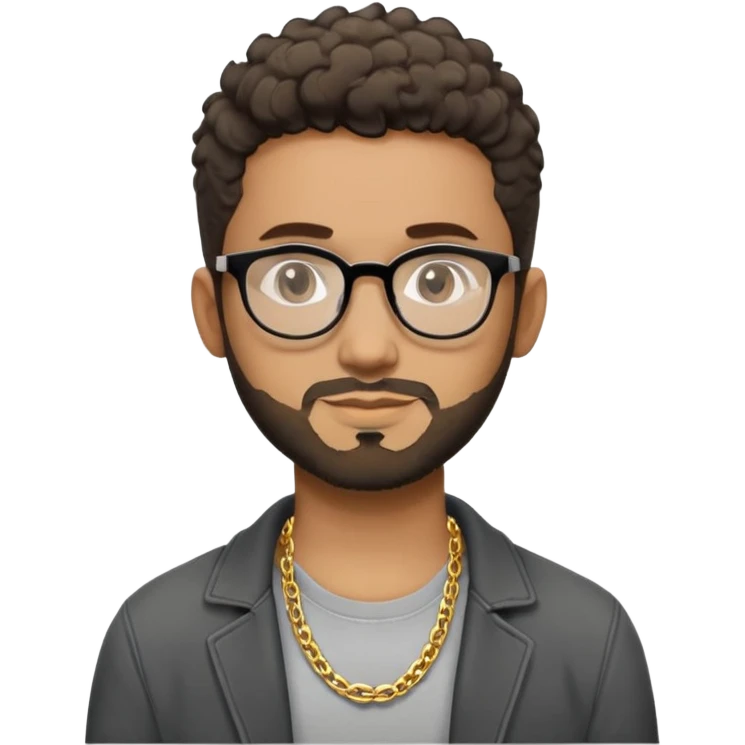 Hombre latino piel marron claro, cara estirada ovalada, gafas redondas oscuras, barba corta, pelo muy corto fade a los lados medio risado. Sonrisa leve, expresión tranquila. Camiseta gris, jacket negro abierto, collar G dorado emoji