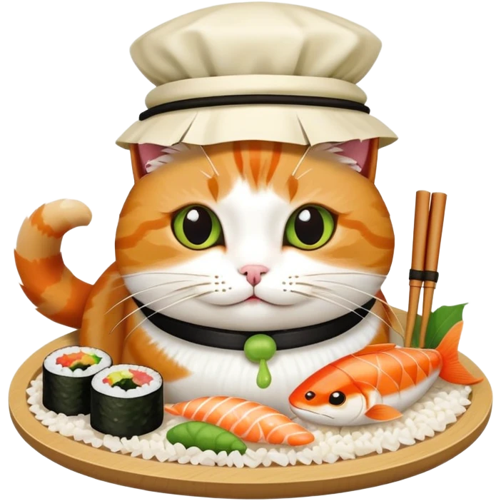 cat wearing a sushi hat with rice base, multiple fish pieces on top, wasabi accent, and soy sauce dripping, sushi hat with sauce emoji
