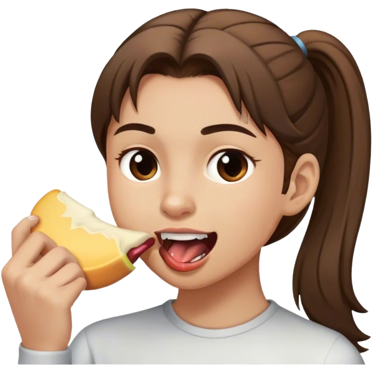 a person with brown hair in a pony-tail , biting someone emoji