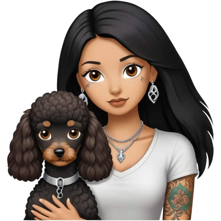 girl with long black  straight hair and tattoos and a  silver Yorkshire and a brown poodle emoji