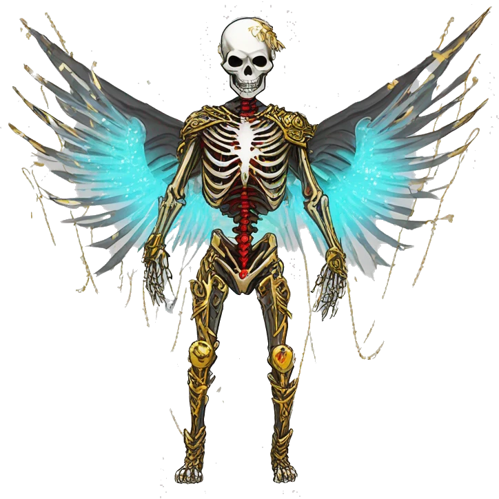 White skeleton zombie person covered in golden chains and black graffiti scribbles and red and silver doodles wings made of neon lightning snowing snowflakes emoji