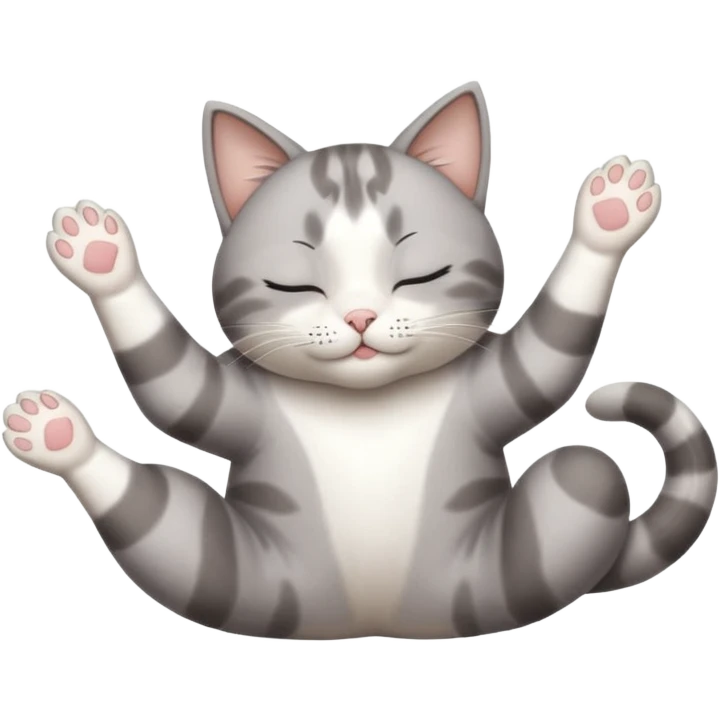 grey and white small cat eyes with closed lying down upside down with paws stretched out straight in different directions emoji