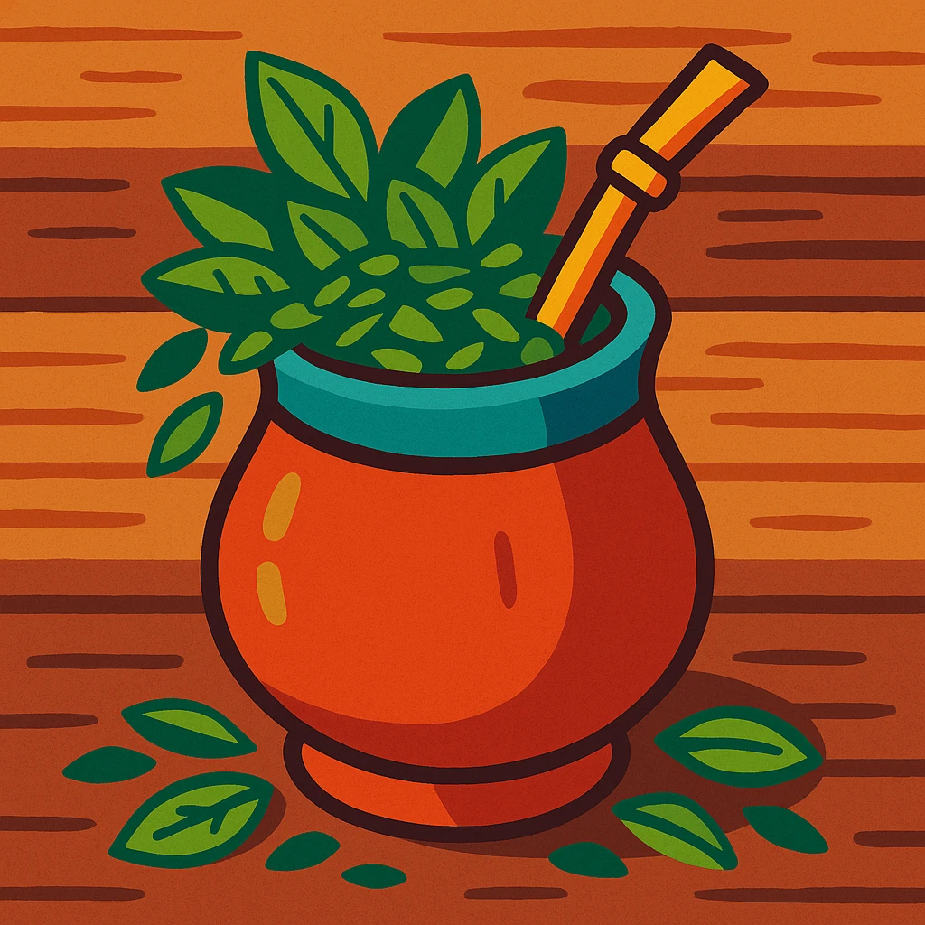 a mate gourd with yerba leaves spilling out, rustic wooden table background emoji