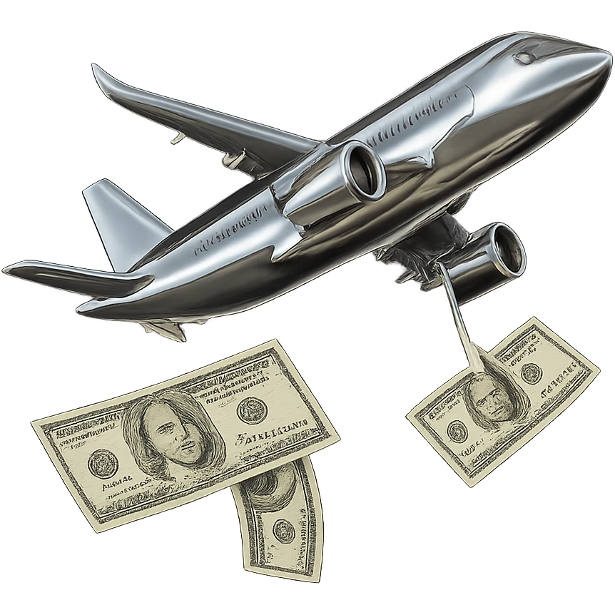 Transform the airplane into a 3D chrome metallic style, highly reflective and shiny. Keep the money green and realistic. Remove the background. emoji