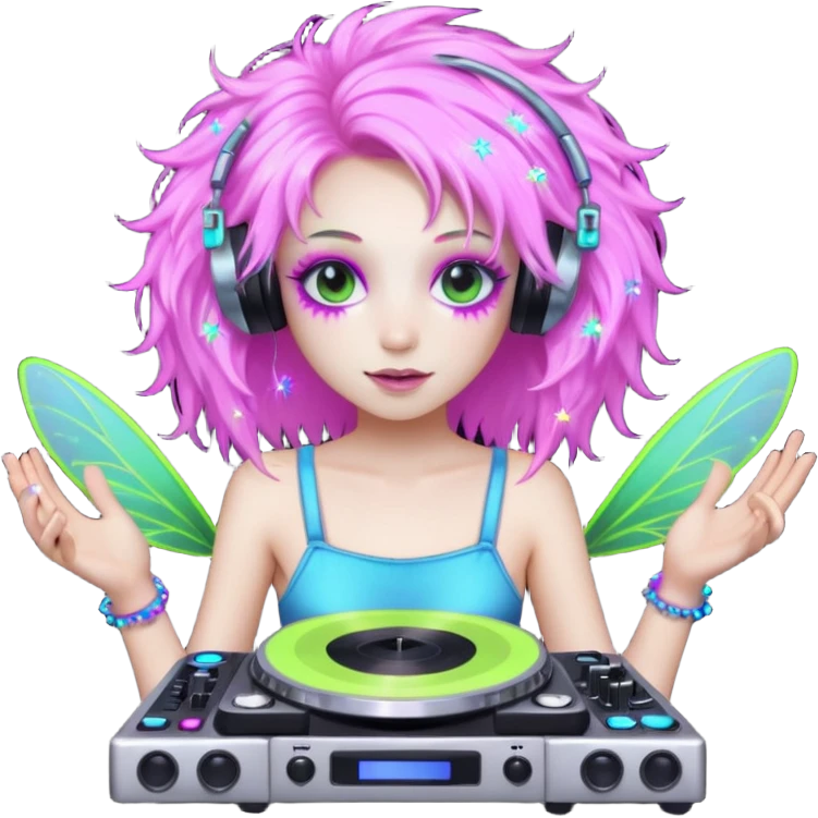  hard-techno-rave-fairy,-holding-a-dj-turntable,-wild-hair,-neon-sparkles,-minimal-background emoji