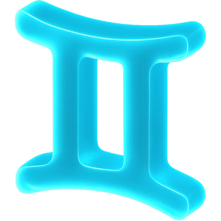 "A minimalistic glowing zodiac symbol ♊, centered on a dark cosmic background, symbol color #00d9ff, clean design, modern and luminous" emoji
