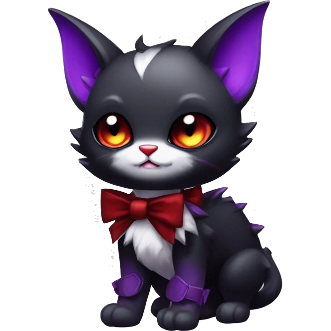 Cute-Evil-Vampiric-Batty-Cat-Black-Purple-Red-White-Contrast-Colors-Fantasy-Fur-Sona-Chibi-Shiny-Fakémon-Hybrid with horns and big fangs neck bow tie leg spats full body emoji