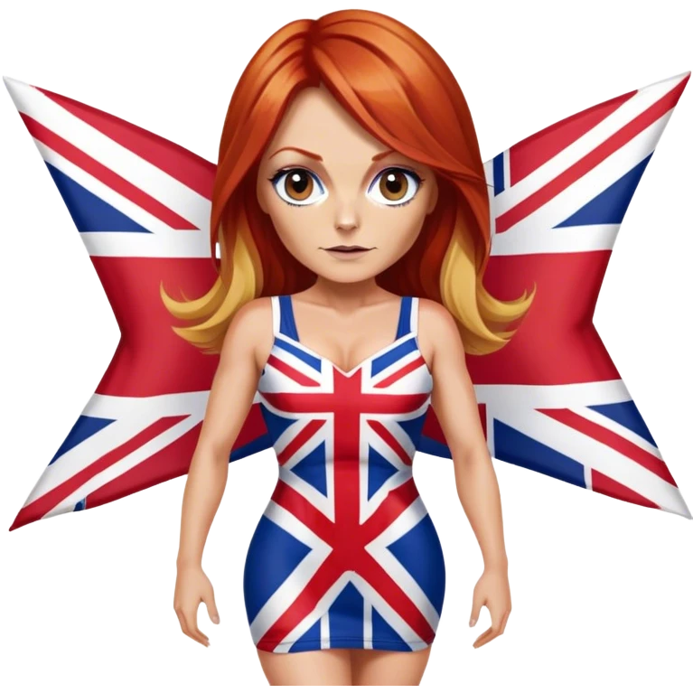 Geri Halliwell with red hair and blonde highlights wearing a short bodycon Union Jack flag dress emoji