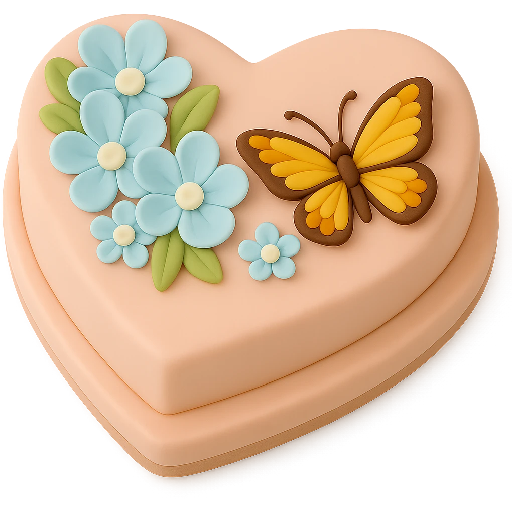 Make the butterfly smaller on the heart-shaped fondant cake with blue flowers, fondant cake art style, keep transparent background. emoji