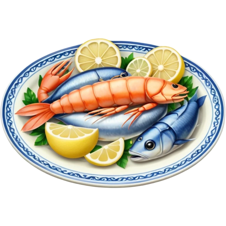 seafood on a porcelain platter with lemon  emoji