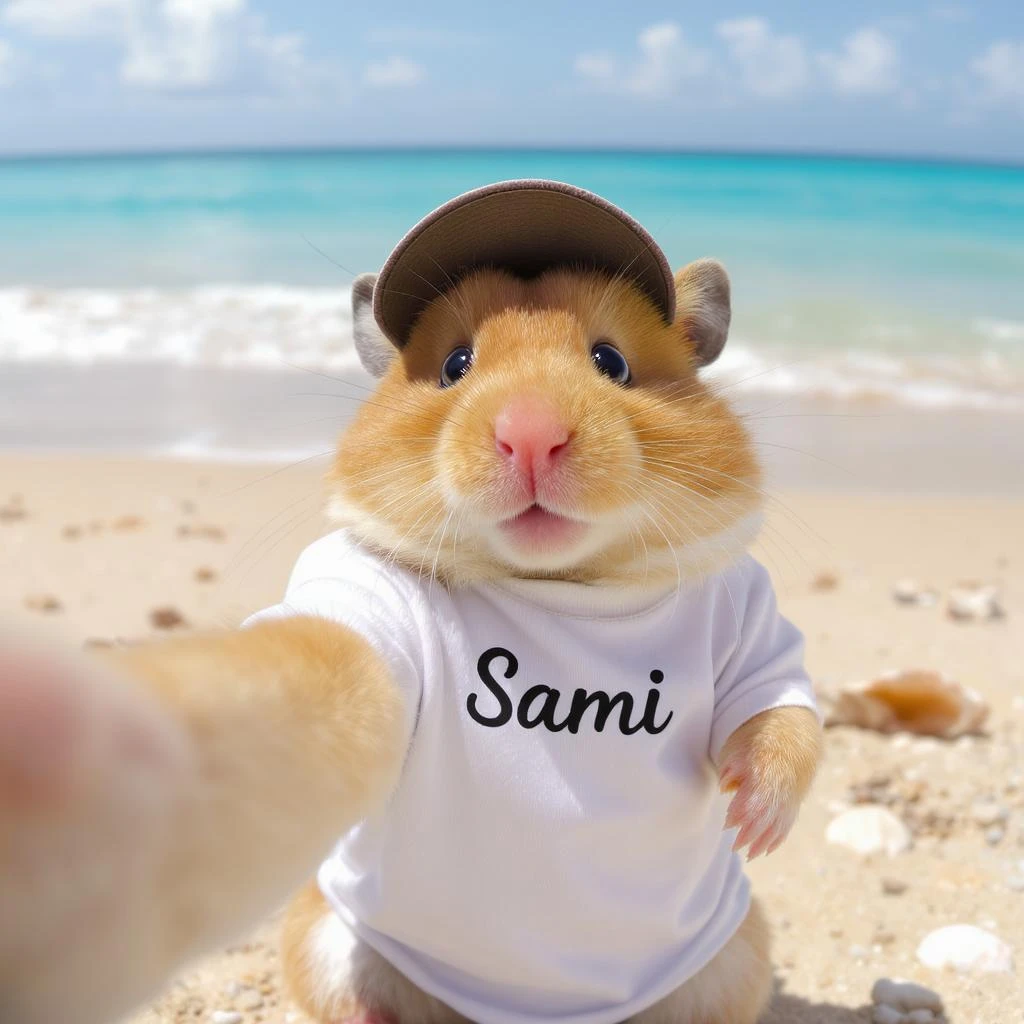 Orange tabby hamster in a t-shirt saying "Sami" and cap taking selfies against the background of beach and blue sea, shot with an 85 mm f/11 lens, ISO 100, 8K RAW, no blur emoji