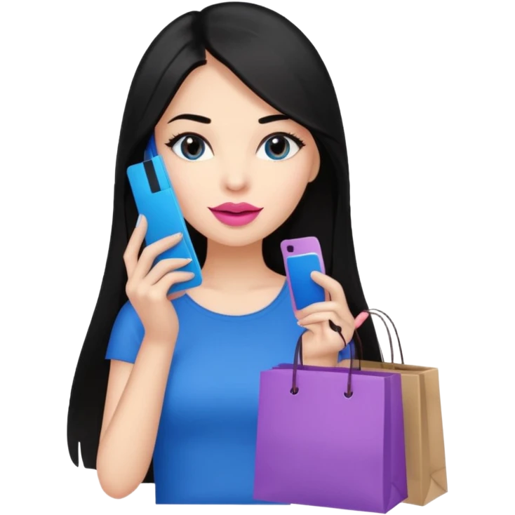 Girl with long black hair, pink lipstick, brown eyes on the phone holding shopping bags and blue credit card emoji
