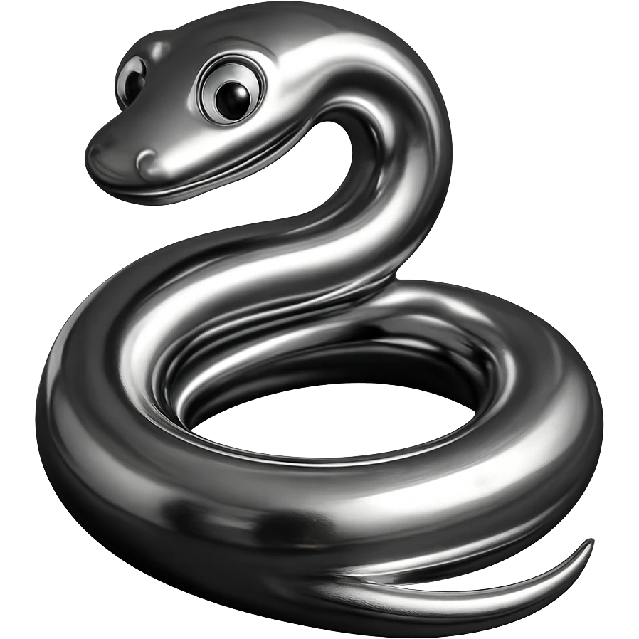 3D chrome snake, curled in a spiral, with a glossy chrome finish and cartoon eyes emoji