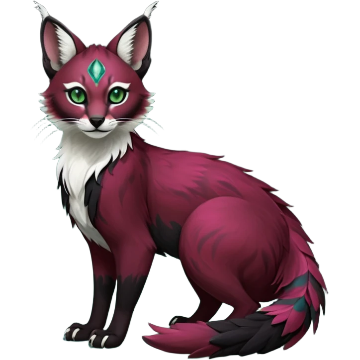 Colorful dark tropical feathery tribal dark burgundy wine-red obsidian-black jade-green white glorious iridescent divine exotic cute cool beautiful beautiful fantasy-caracal-civet-genet-sergal-vernid-Gryphon-Cacomistle-Trico-oncilla-animal-Fakémon-hybrid-fursona (full body) emoji