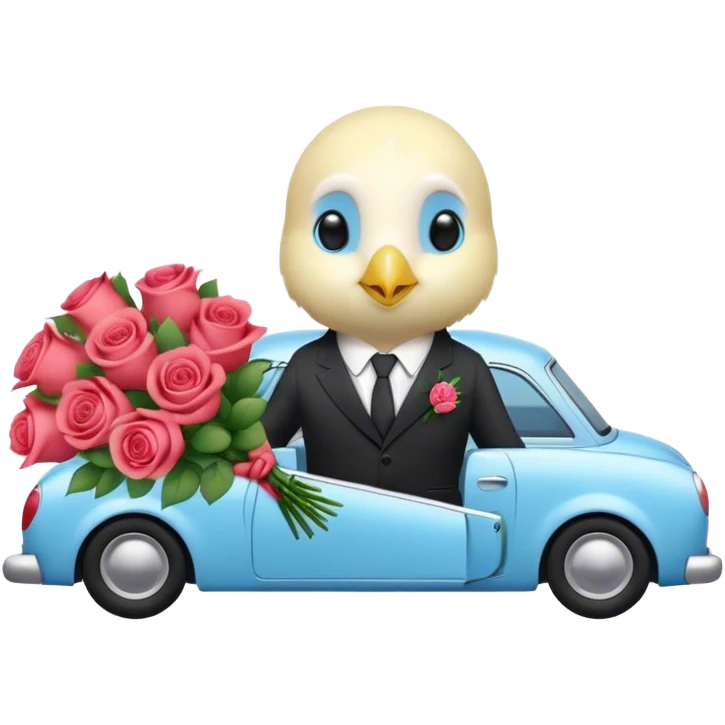 cute budgie in a car in a suit holding roses bouquet emoji