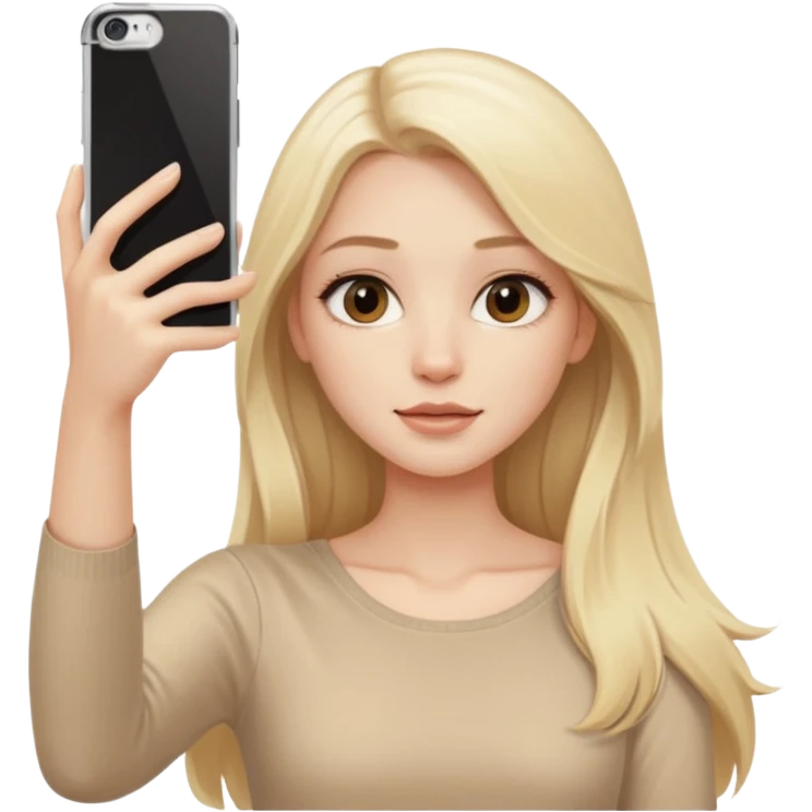  beautiful pale blonde girl with long hair taking selfie in beige top emoji