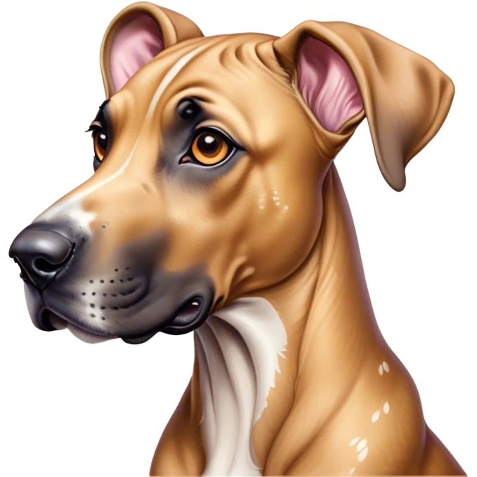 Cinematic Cute Fawn Great Dane Portrait Emoji, Head tilted playfully and inquisitively, showcasing a glossy fawn Fur with a subtle luster, round, sparkling amber eyes filled with curiosity, Simplified yet irresistibly adorable features, highly detailed, glowing with a warm, friendly glow, high shine, affectionate and gentle, stylized with a touch of whimsy, bright and endearing, soft glowing outline, capturing the essence of a mischievous yet loving pup, so playful it feels like it could lumber out of the screen and into your arms! emoji