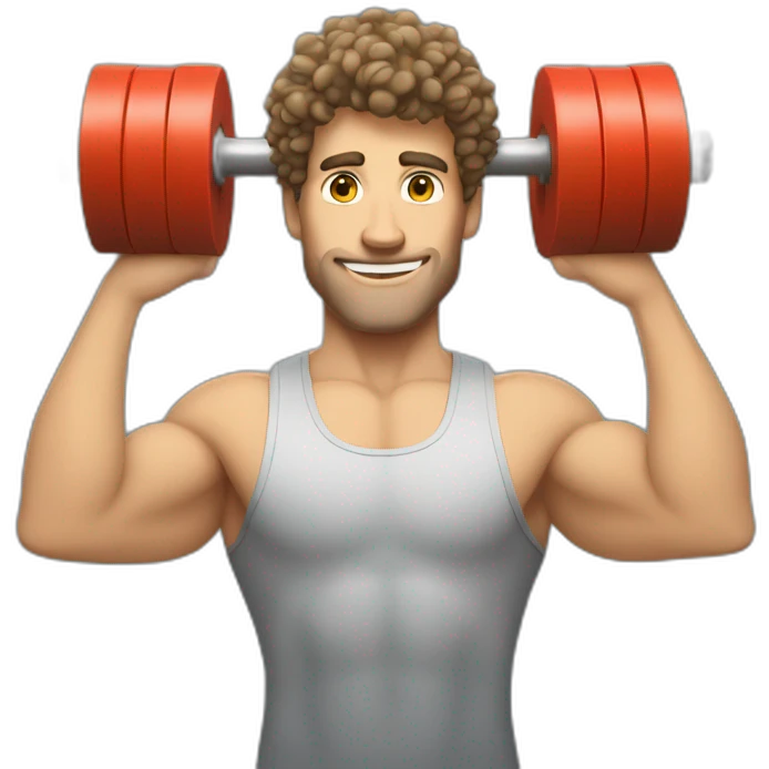 caucasian man with curly hair lifting weights emoji