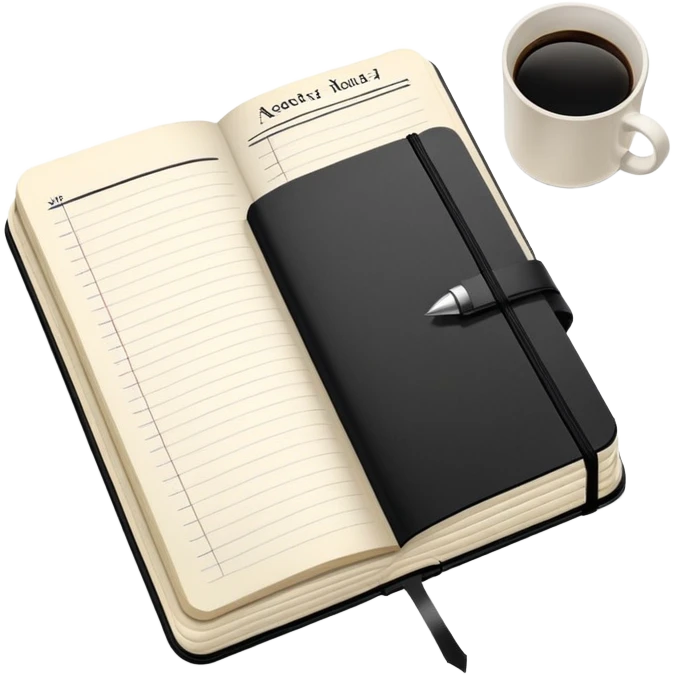 A classic black Moleskine notebook open to show an agenda page with meeting items and bullet points emoji