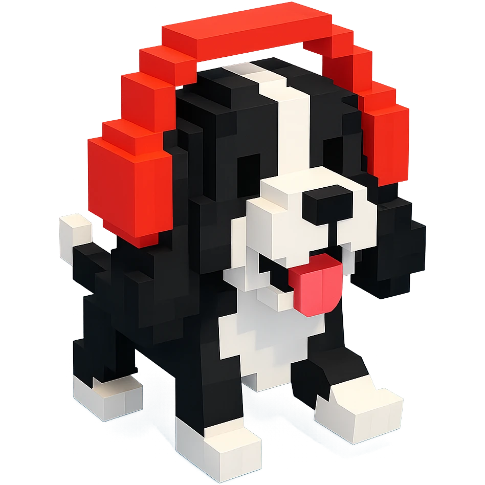 black and white Russian Cocker Spaniel puppy wearing headphones, playful pose emoji