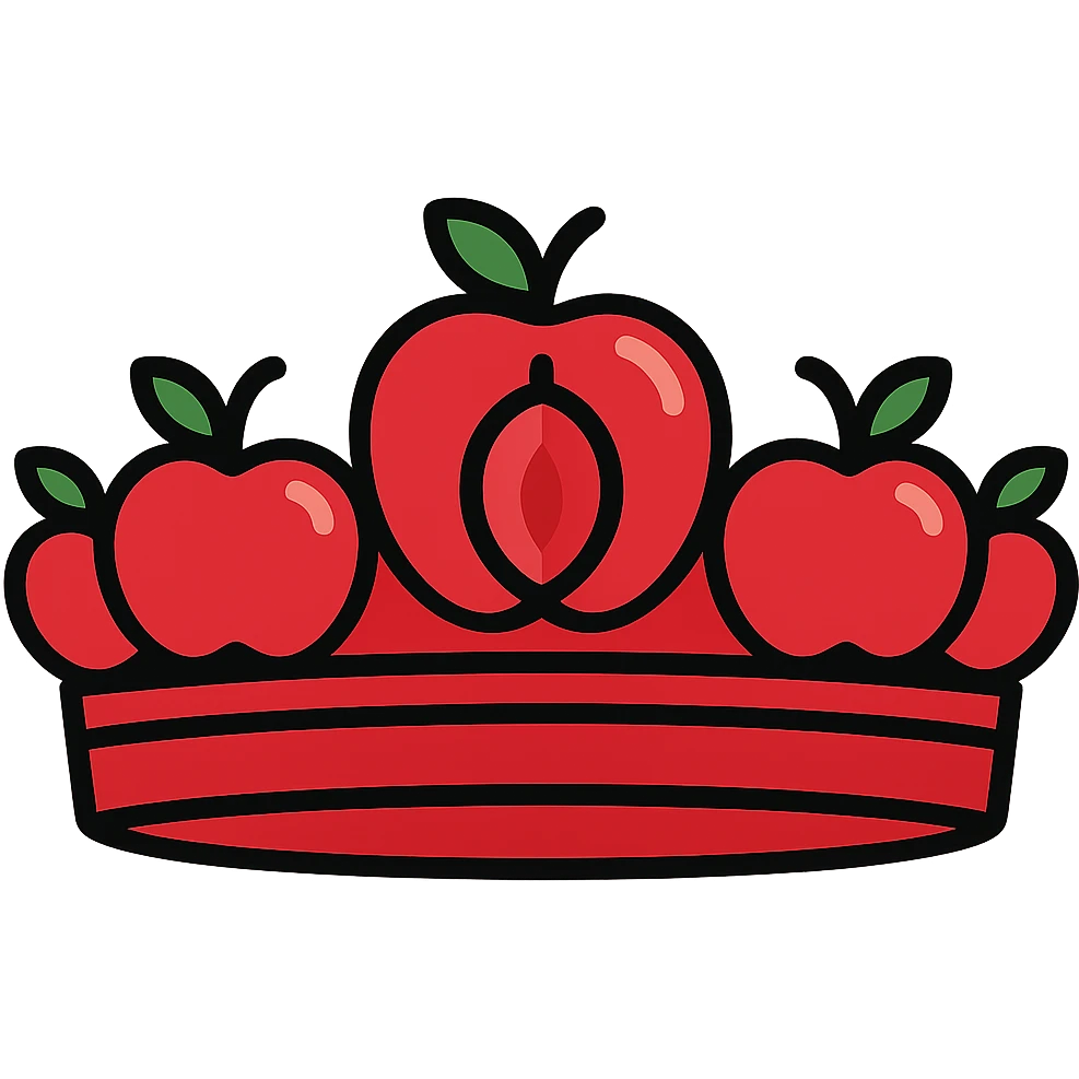 Make the stylized crown's apples and centerpiece a vibrant red, with the main band also featuring more red, keeping the jewel-like look, no background. emoji