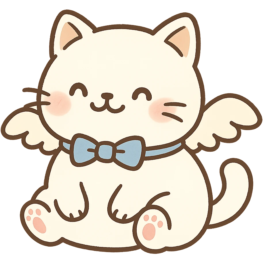 Add small angel wings to the cute chubby cat with a blue bow, white fur, tiny paws, and a smiling face. Keep the background transparent. The style should match the original image's look. emoji
