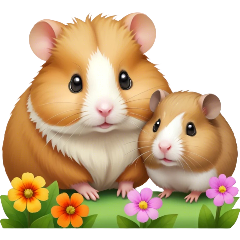 Icon for Hamster and Guinea Pig: A portrait-style collage with a fluffy hamster with soft fur, looking curious, and a friendly guinea pig with long, smooth fur, both on a soft green background with flowers and soft light. Transparent background. emoji