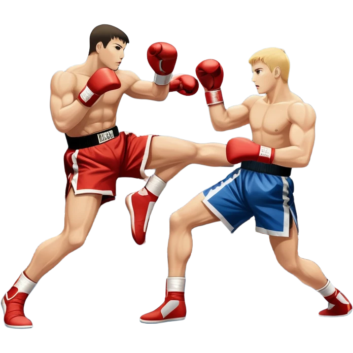 An icon symbolizing kickboxing, featuring two fighters in the ring. One throws a powerful high kick, while the other counters with a punch. The background shows a boxing ring with ropes and a crowd in the distance. Transparent background emphasizes the dynamic energy emoji