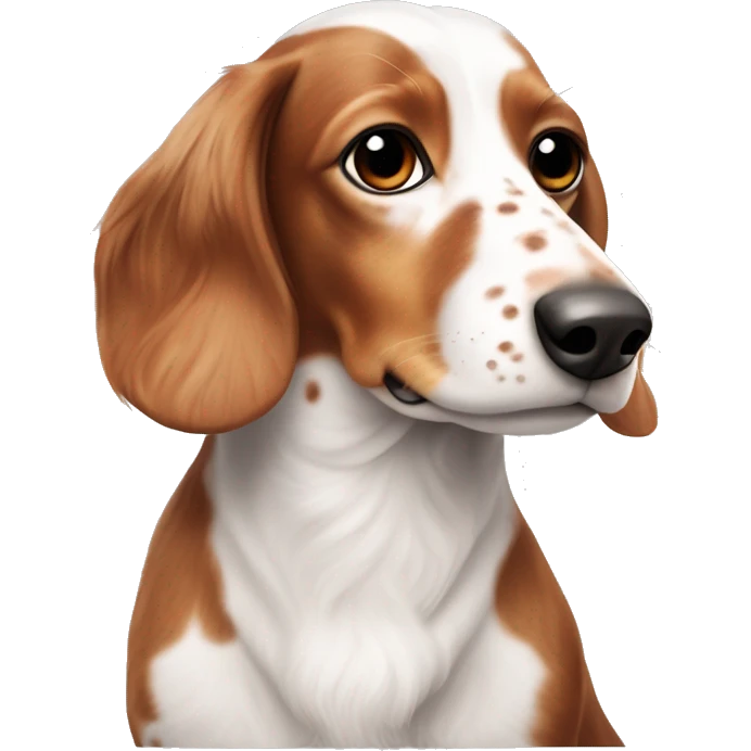 Long haired white and red piebald dachshund with freckles side eye whole body emoji