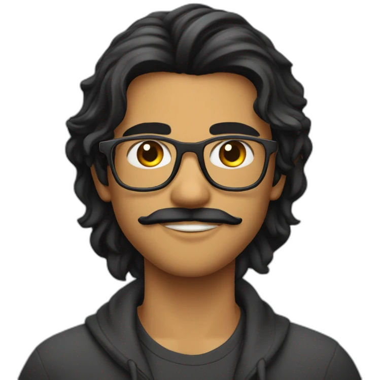 Indian teenager, with moustache and a goatee, with long wavy black hair, wearing glasses emoji