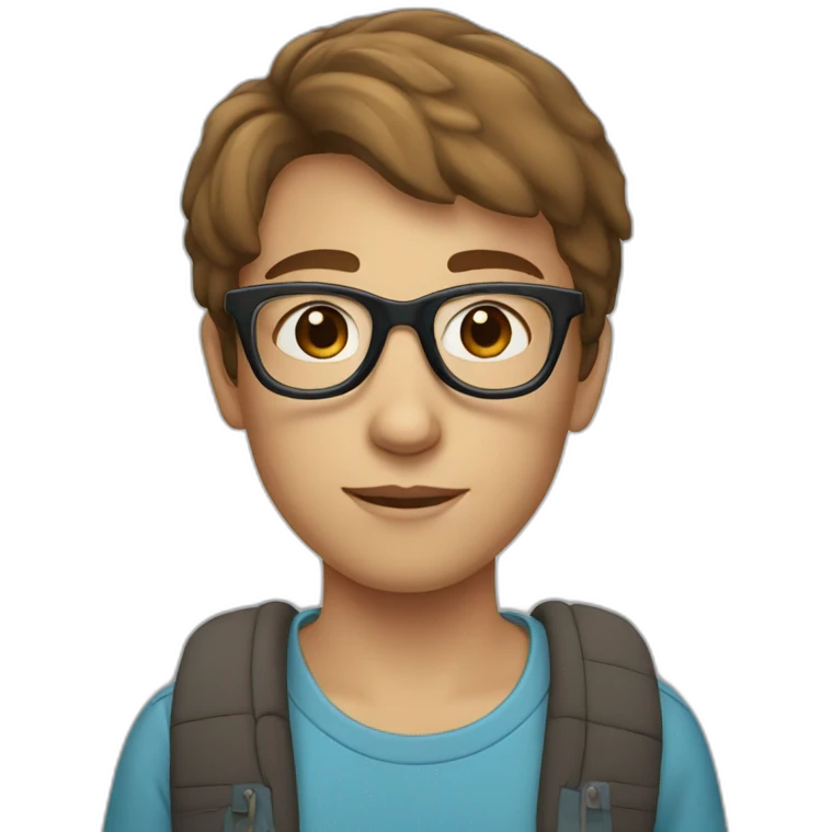 Teenager with brown short hair , transparent glasses, blue eyes emoji