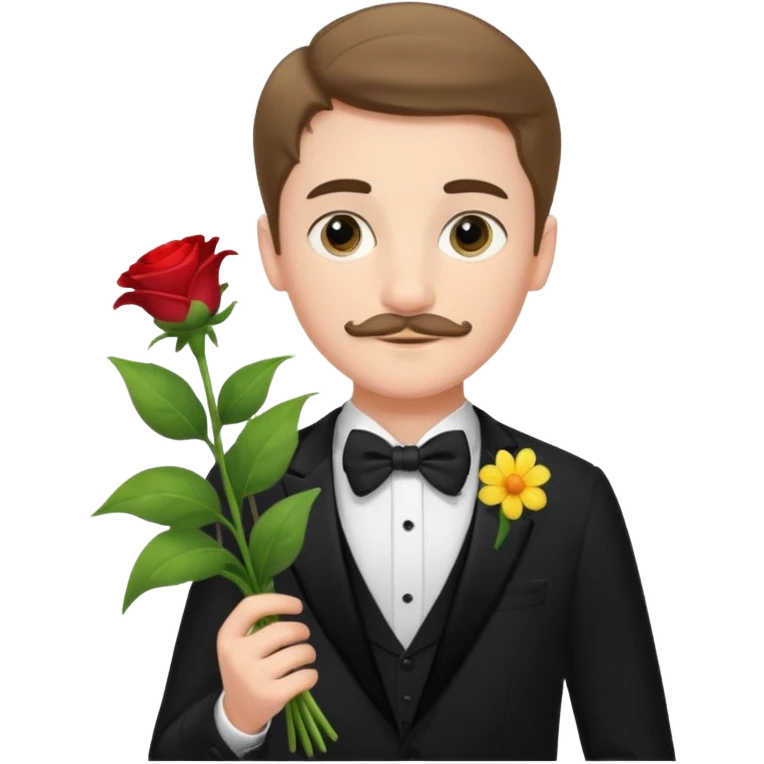 generate an ios genmoji of a 20 year old fair boy with very few and faint mustache hair. should look like he cant grow a mustache., carrying a flower bouquet, wearing a tux emoji