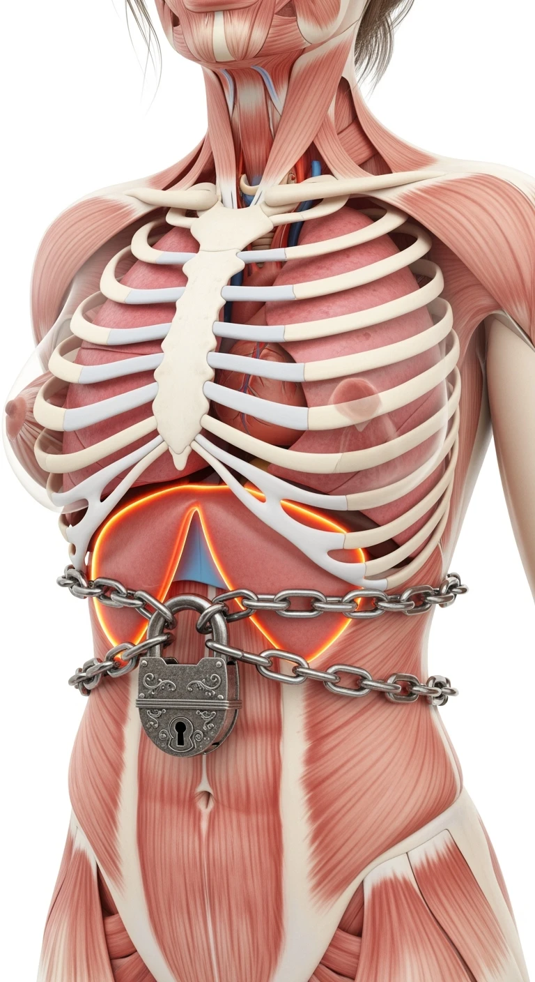 corpo umano anatomico di una donna con diaframma in evidenza, diaframma chiuso da catena e lucchetto, iperrealistica 4k, sfondo bianco emoji