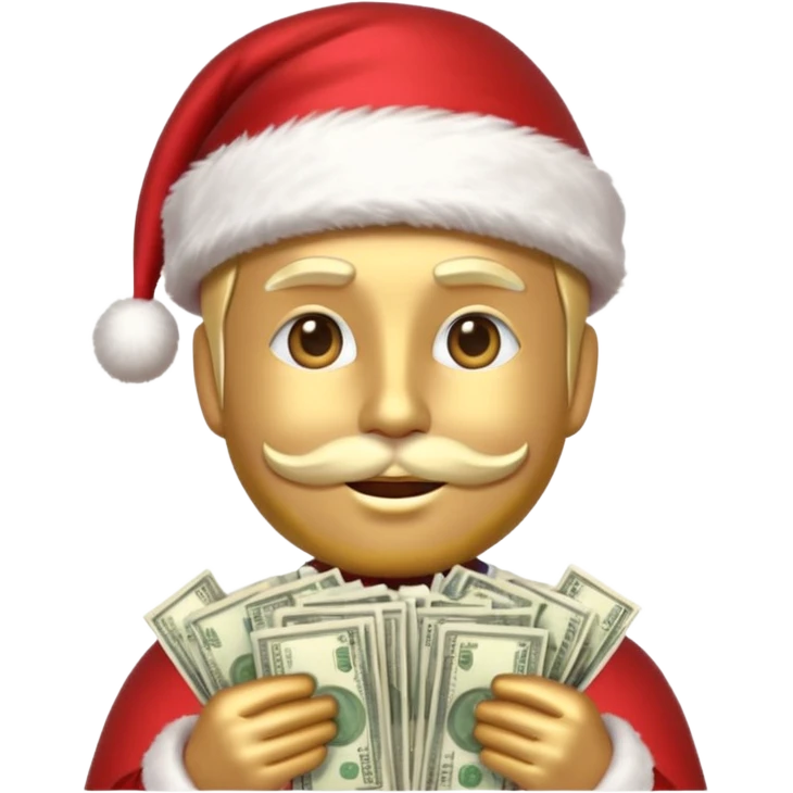 A confident rich emoji face wearing a Santa hat, money stacks, casino vibe, New Year theme, premium 3D emoji style, sharp details, no text, isolated on transparent background emoji