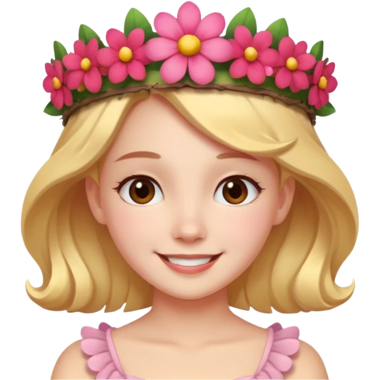 A girl with a flower-shaped crown smiling gently. emoji