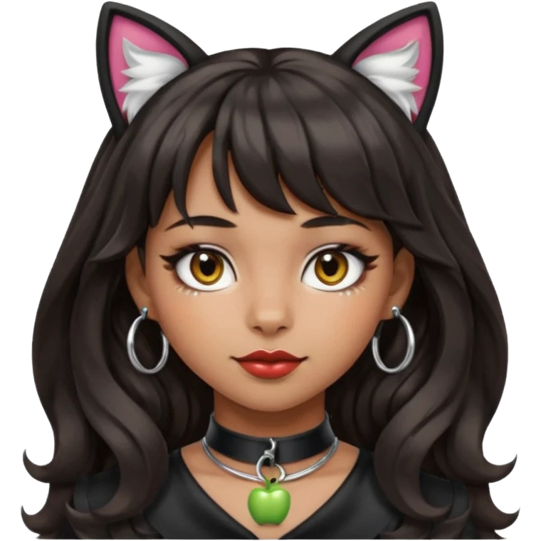 Add bangs to the hairstyle while keeping the silver O-ring collar, bold makeup, medium Hispanic skin tone, long dark wavy hair, and cat ears in apple emoji style. emoji