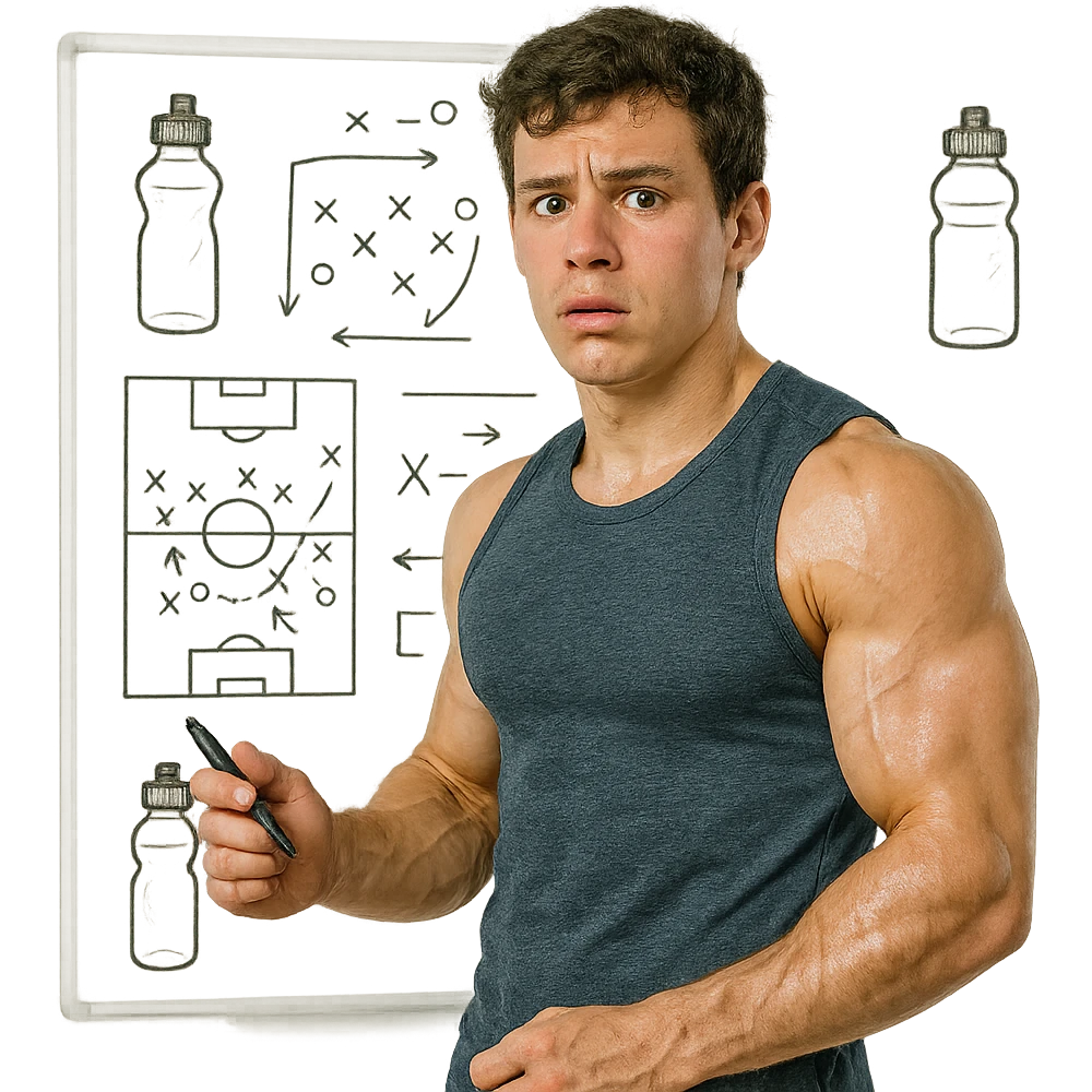 young inexperienced athlete in front of a whiteboard with training schemes and drawn bottles, holding a pen, growing muscles, perplexed expression, realistic details, isolated on white background emoji