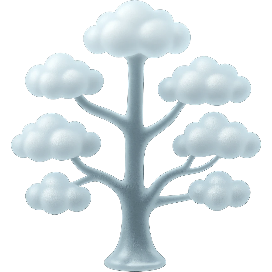 one tree with many branches, each branch covered with small, very bright white, saturated color, fluffy convex clouds, matte glass style, transparent background emoji
