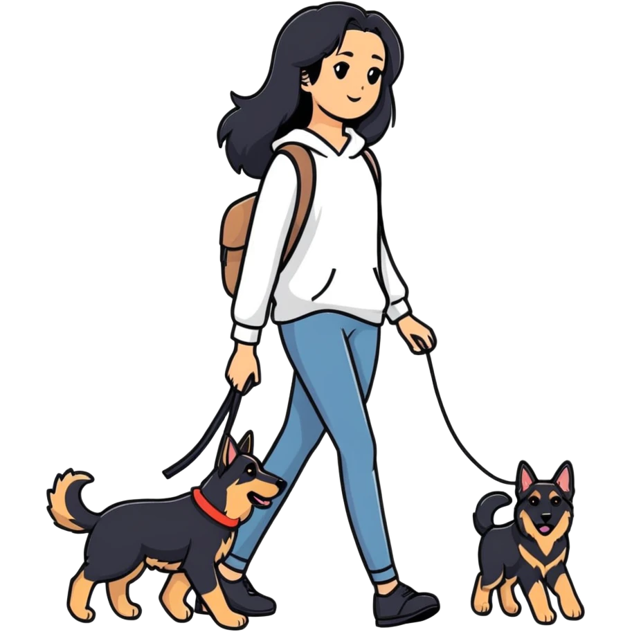 girl with long black hair walking a German Shepherd emoji