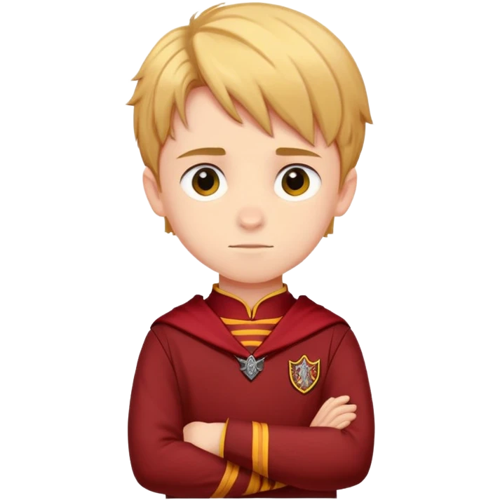 A young boy slightly to the side looking forward with crossed arms wearing the Gryffindor uniform emoji